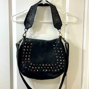New no tags Campomaggi black Saddle bag w. embellishments. Shoulder or crossbody